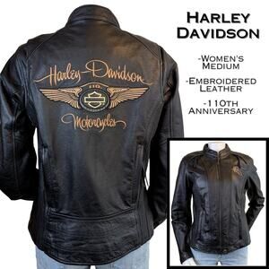 Harley Davidson Womens Leather Jacket Medium Black Embroidered 110th Anniversary